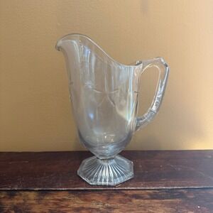 Vintage Clear Glass Pitcher with Starburst Etchings and Fluted Base